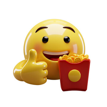 Smiley face emoji holding snacks and giving thumbs up