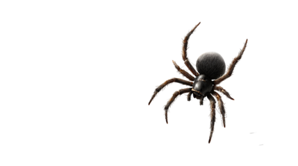 Spider hanging from large cobweb, spooky template design, isolated on transparent background 