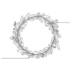 Line art floral wreath with leaves and bow for decoration  