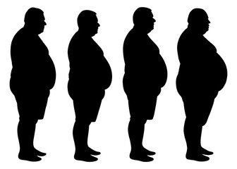 Four silhouettes of men with varying degrees of obesity. The first man is the most overweight, while the fourth man is the least. Vector silhouette. © DarynaMurometz
