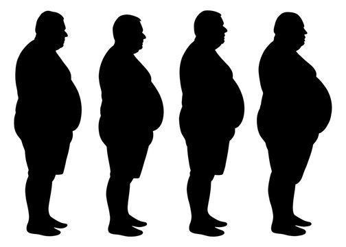 Four silhouettes of men with varying degrees of obesity. The first man is the most overweight, while the fourth man is the least. Vector silhouette.