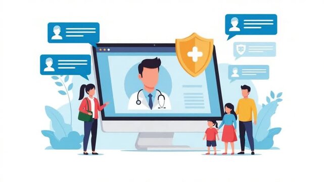 Family Using Online Healthcare Service with Doctor on Computer Screen