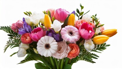 Obraz premium Bouquet Made Of Tulips Ranunculus And Freesia Flowers Isolated