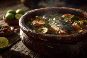 Hyperrealistic close-up of steaming Moqueca in traditional clay pot, garnished with cilantro and lime, bright and appetizing