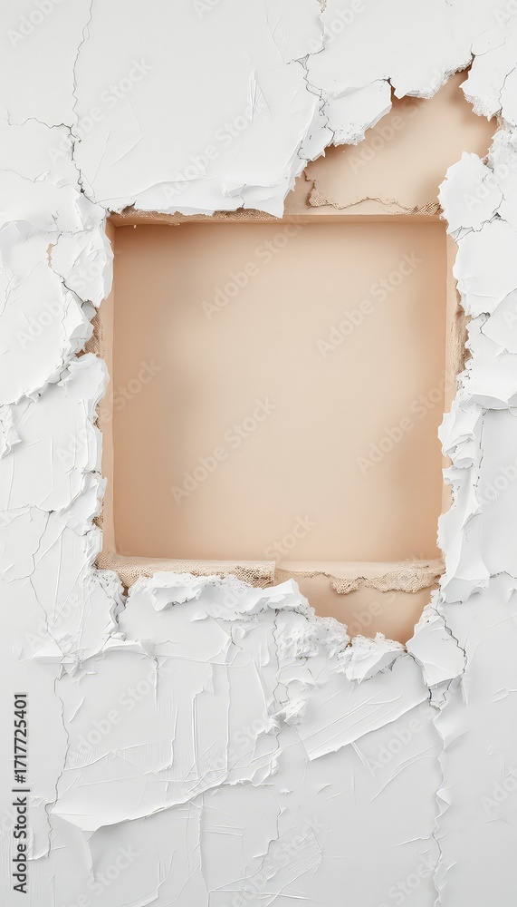 Poster abstract cracked and textured white surface with a rectangular opening revealing a neutral peach int