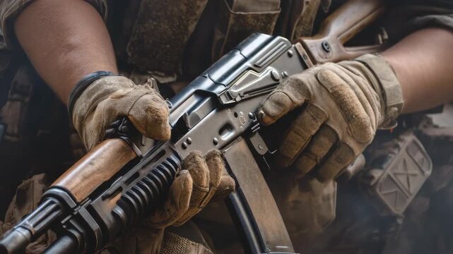 Soldiers prepare weapons during training in a military camp