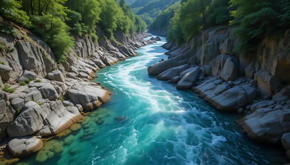 A powerful turquoise river carves its way through a rugged, rocky canyon, with lush green trees clinging to the steep slopes above
