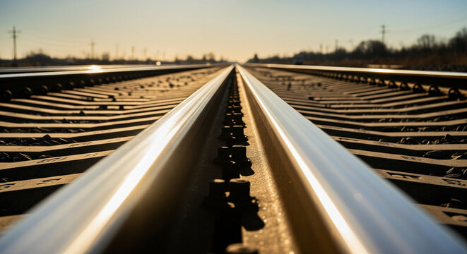 Close-Up of Polished Train Tracks Stretching to Horizon

A low-angle, close-up shot of a set of shiny, parallel train tracks receding into the distance under the warm light of the setting sun