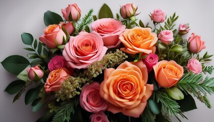 Vibrant Floral Arrangement Of Pink And Orange Roses With Greenery