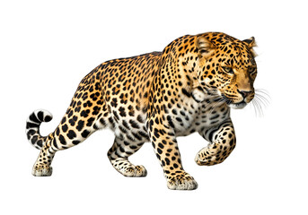 Obraz premium A powerful leopard in dynamic stride, showcasing its rich spotted coat against a stark black background.