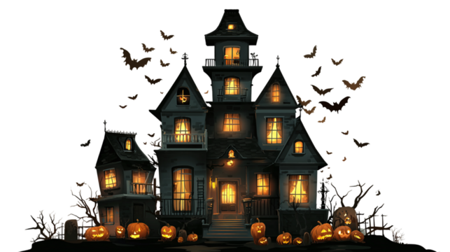 Spooky haunted house with glowing windows, pumpkins and flying bats, isolated on transparent background 