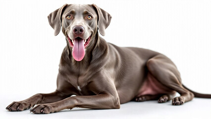 A Weimaraner dog sitting and panting against a plain white background, showcasing its sleek gray coat and attentive expression
