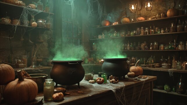 Spooky witch's kitchen with cauldrons and pumpkins in a haunted atmosphere