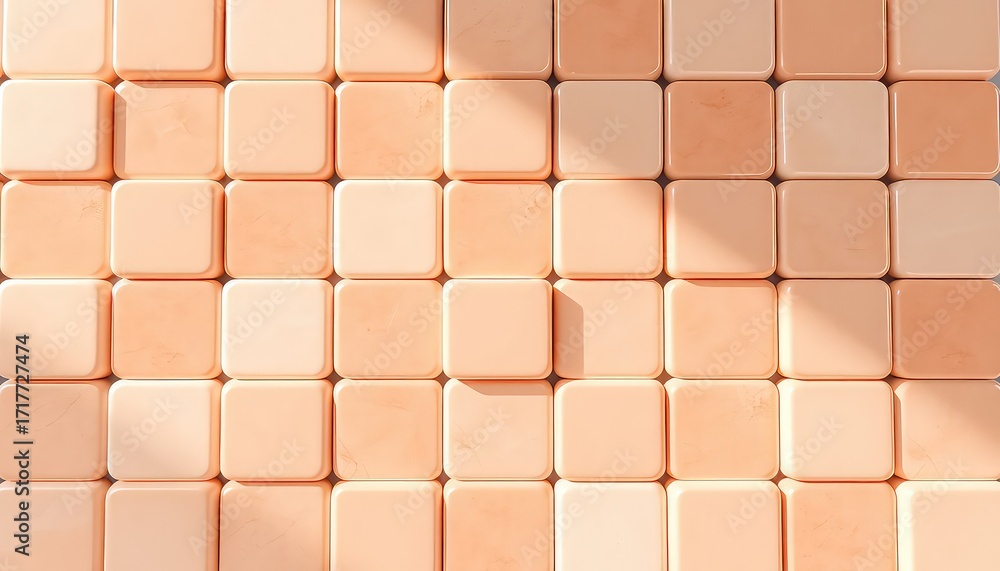 Poster arrangement of smooth, rounded square tiles in a soft peach palette with subtle textures and shadow 