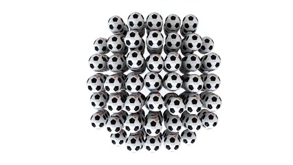 Collection of soccer balls stacked in geometric 3d arrangement