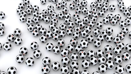 Scattered soccer balls on white background in 3d render
