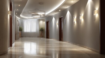 Elegant hotel corridor with modern lighting and polished marble flooring creating a serene atmosphere