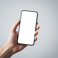 A modern smartphone with a blank screen is held in a hand against a neutral background.
