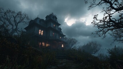 Obraz premium Spooky haunted house at night with ominous clouds and gnarled trees