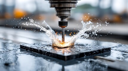 drilling machine cutting metal with water splashes and sparks flying around.