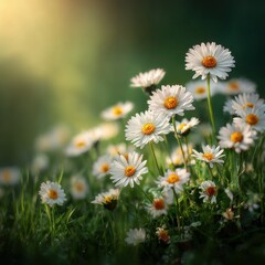 Fototapeta premium Blooming white daisy flowers with bright yellow centers create a beautiful and serene field under the warm sunlight, evoking feelings of sptime freshness.