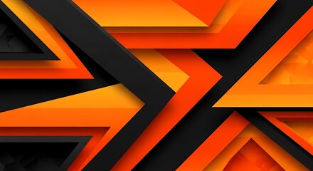 A dynamic design featuring intersecting, layered triangles in vibrant orange and rich black tones, creating a bold and striking visual effect.