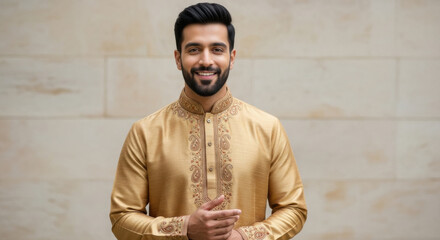 Young handsome indian man wearing traditional attire and standing confidently
