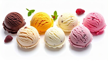 colorful ice cream scoops with berries and mint on white surface