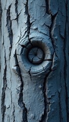 Weathered wood texture shows old growth and rings with splits in the trunk of a mature tree