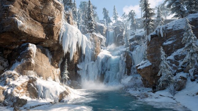 Majestic frozen waterfall in snowy mountain landscape with icicles and pine trees
