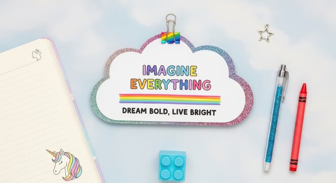 Imagine Everything Dream Bold Live Bright Conceptual Flat Lay - Powered by Adobe