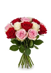 A bouquet of mixed red, pink, and white roses, arranged beautifully against a plain white background.