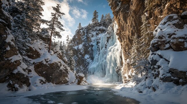 Majestic winter frozen waterfall in snowy mountain landscape - Powered by Adobe