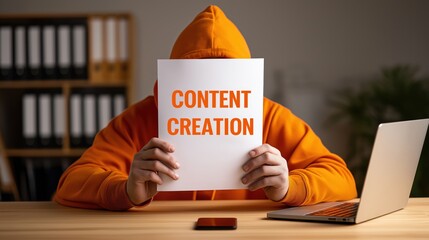 A person in an orange hoodie holds a sign that reads "CONTENT CREATION," sitting at a desk with a laptop and phone, suggesting a focus on digital content.