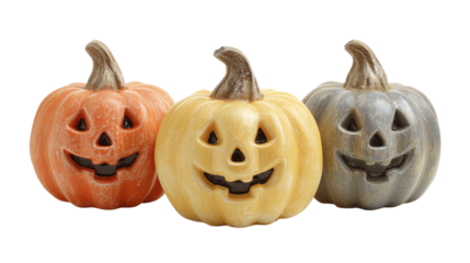 Three cheerful carved pumpkins in orange, yellow, and gray color palette isolated on transparent background 