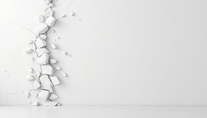 Abstract rupture concept depicting a fractured surface with a cascade of geometric pieces in a minimalist composition