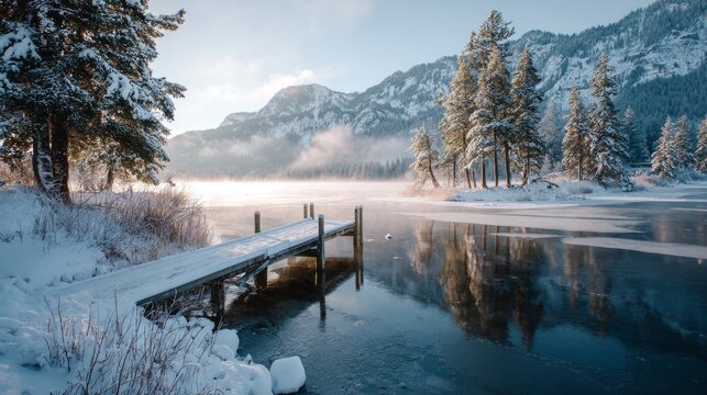 Serene winter landscape with snow-covered trees and still lake reflection