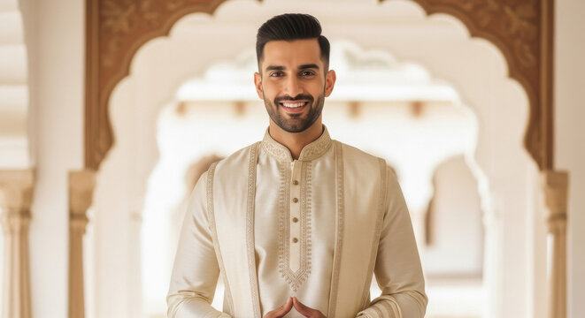 Young indian man in stylish men's kurta featuring a multicolor print and a mandarin collar, perfect for modern ethnic and festive occasions.