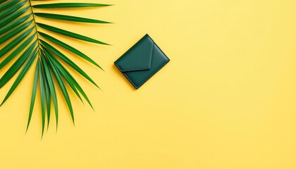 Minimalist scene showcasing a green wallet with a tropical palm leaf on a bright yellow backdrop