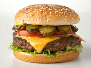 Cheeseburger with sesame bun, lettuce, tomato, pickles, and melted cheese creating delicious and appetizing meal
