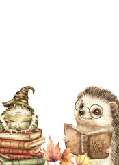 Obraz premium Cute hedgehog and frog in witch's hat sitting on stack of vintage books. Watercolor kind forest animals. Hand-drawn illustration isolated on white. Magic school, toad, kids Halloween, wizard design.