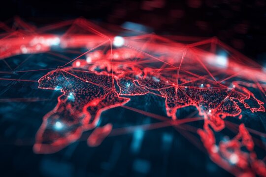 Global network concept with digital connections overlaying the world map, illustrating advanced technological and communication advancements.