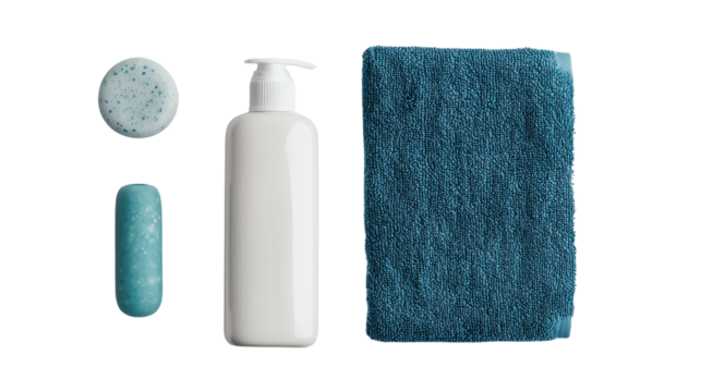 Spa Essentials Collection: A clean, minimalist composition showcasing a spa set, featuring a sleek dispenser bottle, a plush folded towel, and two bars of soap, perfect for relaxation and self-care.