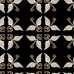 Obraz premium Watercolor seamless pattern. Golden magic vintage flying key with white bird wings. Hand drawn illustration on black background. Halloween, esoteric, wizard, witchcraft design.