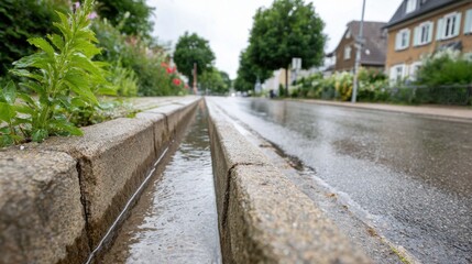 Obraz premium Wet street with water in the gutter, a green plant by the curb, and blurred background houses after rain.