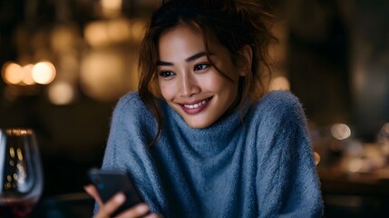 A woman smiles as she uses her smartphone in a cozy dimly lit cafe