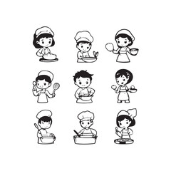et of cartoon chef icons in vector style. Cute cooking characters with hats, kitchen tools, and culinary symbols.
