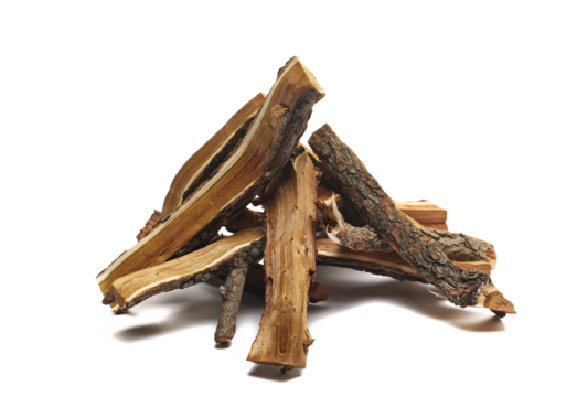 wood for campfire, stacked logs isolated on white background, clipping path, side view