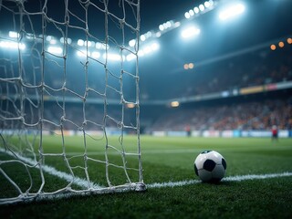 Football goal net bulging with ball inside under stadium lights