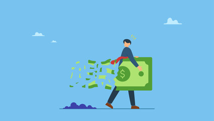 Businessman holding big dollar banknote money while loss, crumble and reduce in value. Lose money investment in financial crisis, profit and loss in business or deflation and inflation.